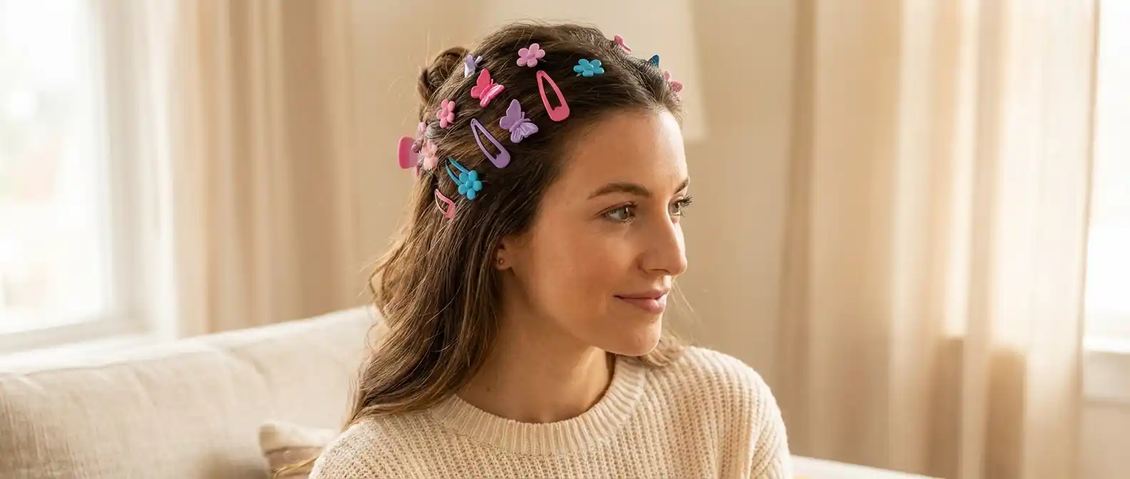 Nostalgic 90s hairstyle with colorful snap clips