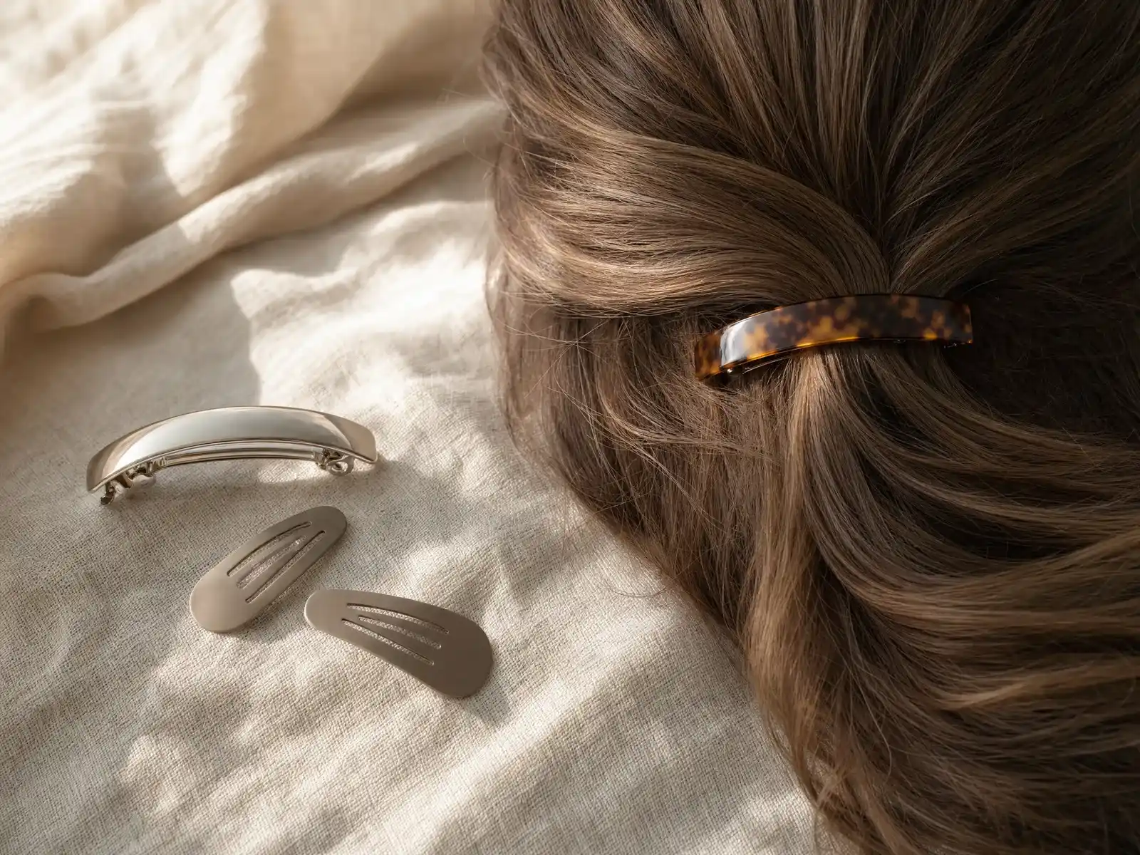 A smooth tortoiseshell acetate barrette clasped loosely over a section of light brown hair on pale linen, with a domed metal barrette and two small matte snap clips resting alongside