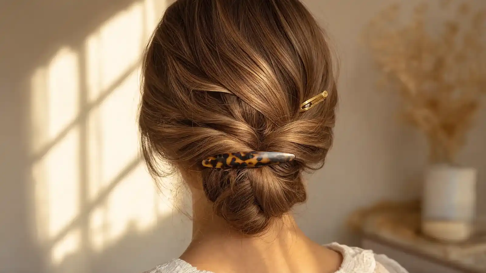 Back view of a woman wearing a polished half-up hairstyle secured with a tortoiseshell French barrette in soft natural light