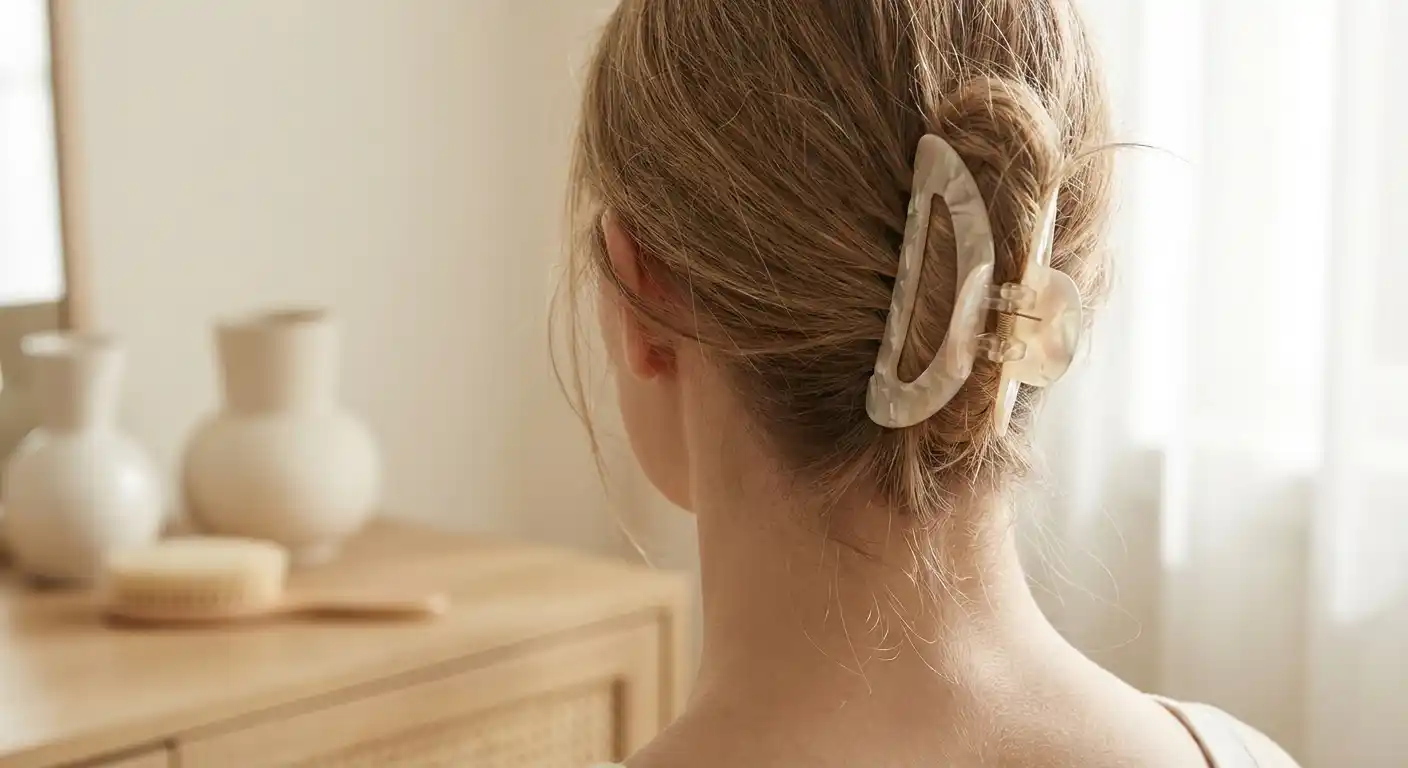 Gentle acetate claw clip styled on delicate, fragile hair