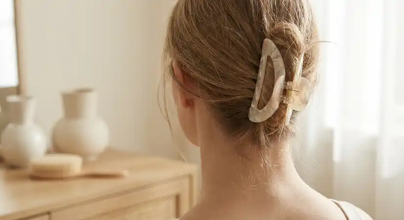 Gentle acetate claw clip styled on delicate, fragile hair