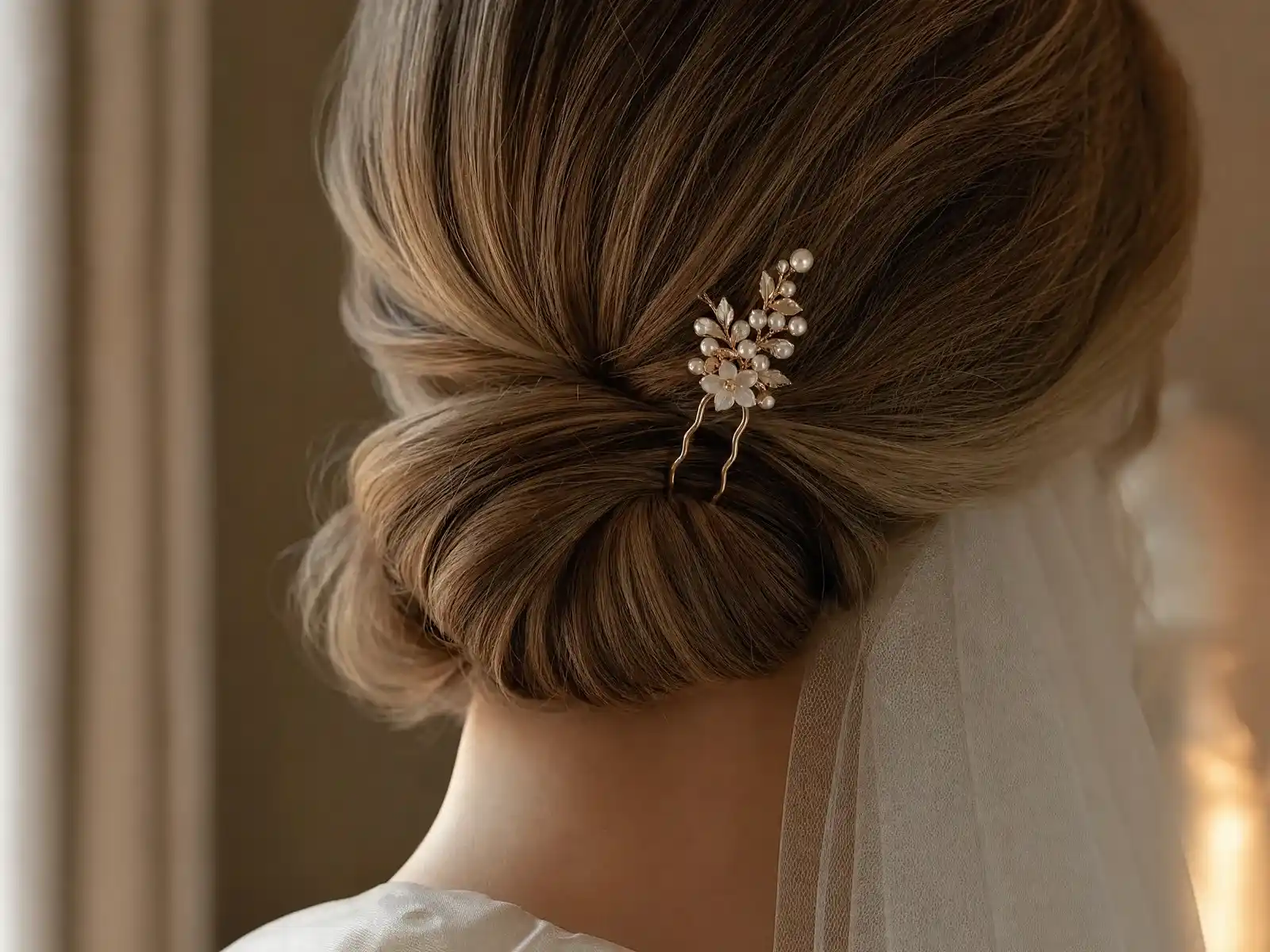 A gold French hair pin with a pearl and flower head seated in a soft low bridal chignon of dark blonde hair, ivory tulle veil blurred behind it