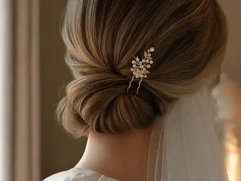 A gold French hair pin with a pearl and flower head seated in a soft low bridal chignon of dark blonde hair, ivory tulle veil blurred behind it