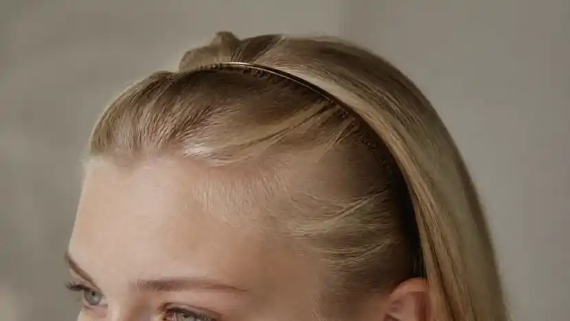 A thin toothed headband gripping close to the scalp in fine, light blonde hair