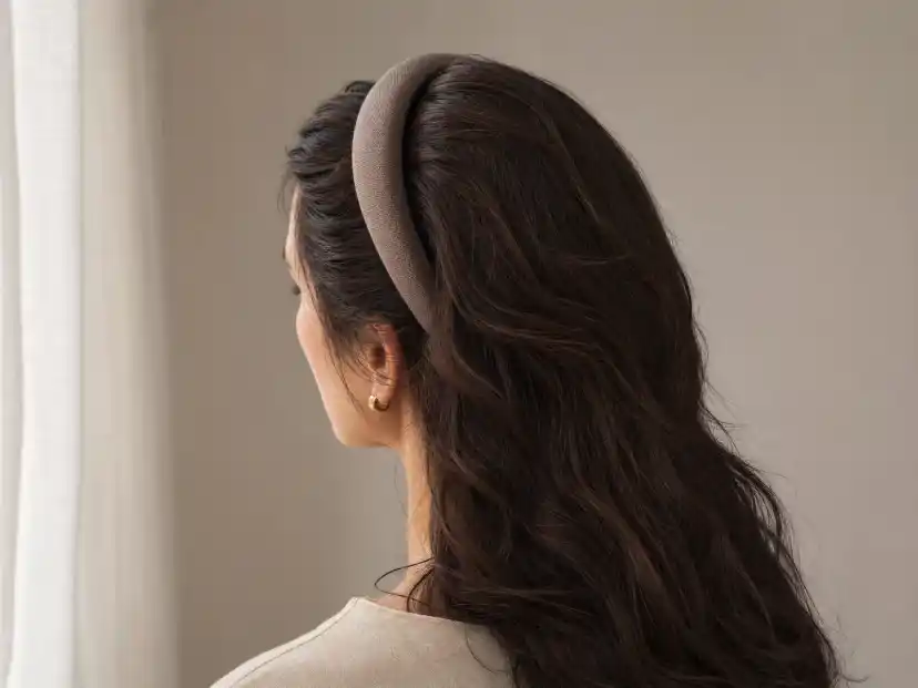 A wide padded fabric headband sitting back from the hairline over thick, voluminous dark wavy hair