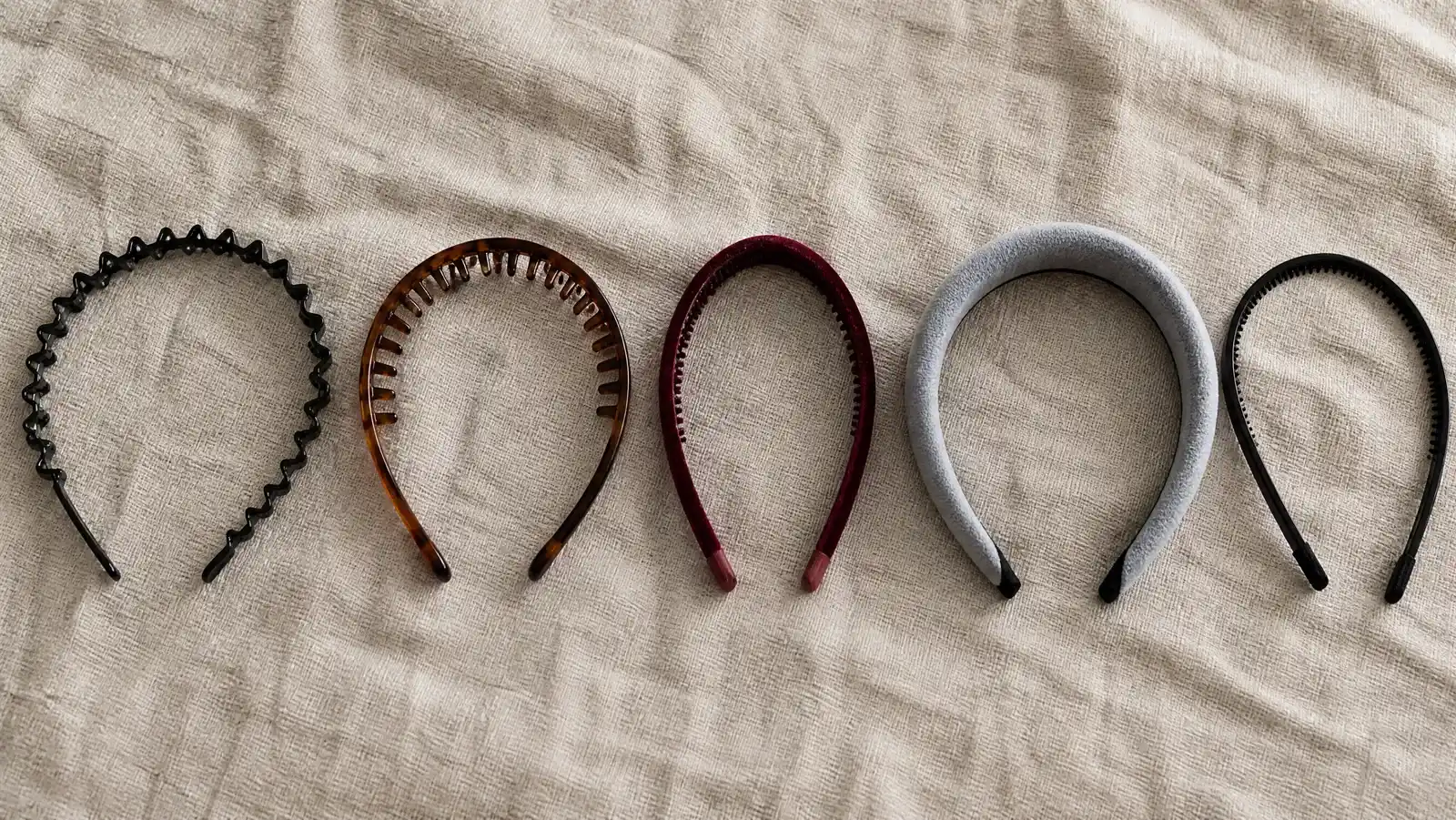Five non-slip headbands laid in a row on linen: a black zig-zag band, a tortoiseshell silicone comb band, a wine-red velvet band with teeth, a wide padded grey band and a slim black toothed band