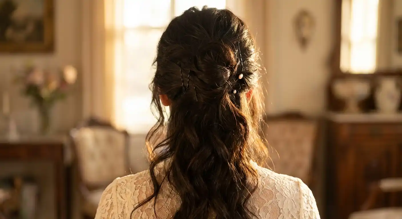 Long hair styled with bobby pins in elegant updo