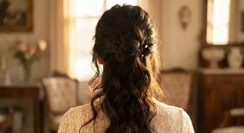 Long hair styled with bobby pins in elegant updo