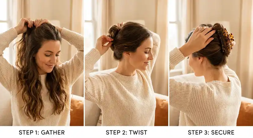 Woman styling her hair with a claw clip showing elegant updo
