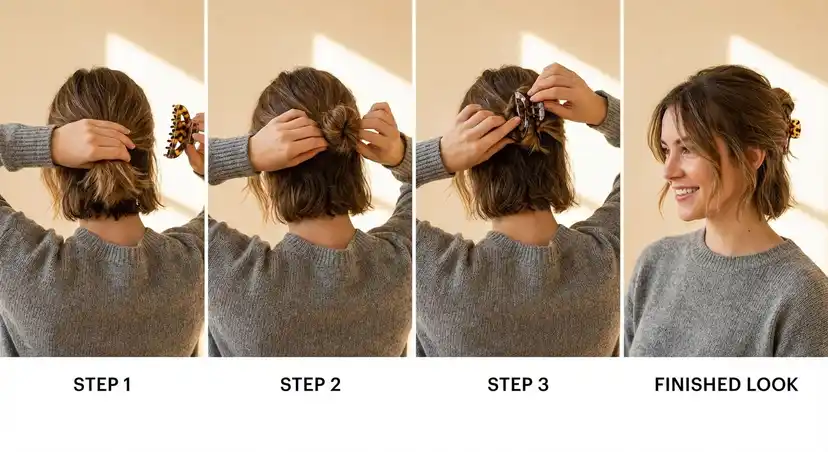 Woman with short bob wearing a claw clip in half-up style