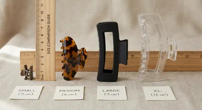 Various claw clip sizes arranged from mini to jumbo for comparison