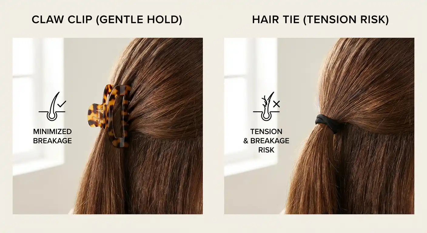 Side by side comparison of claw clip and hair tie with hair health indicators