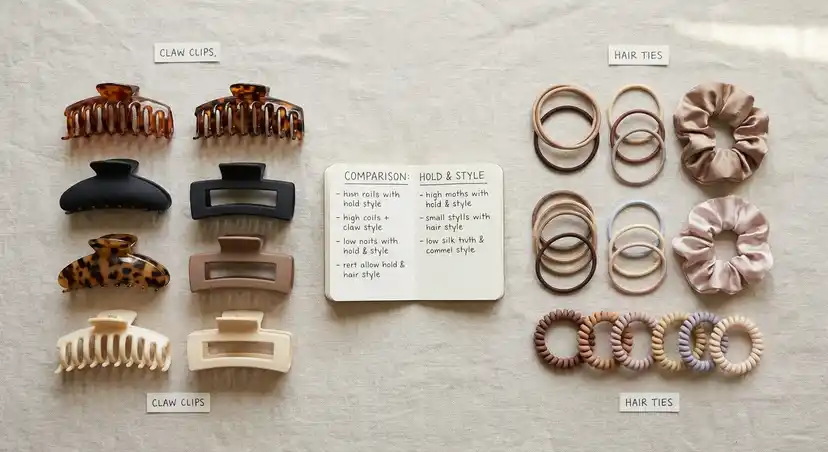 Claw clip and hair ties side by side for comparison