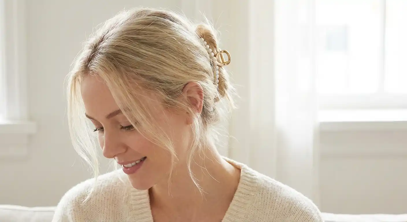 Delicate claw clip secured in silky fine hair