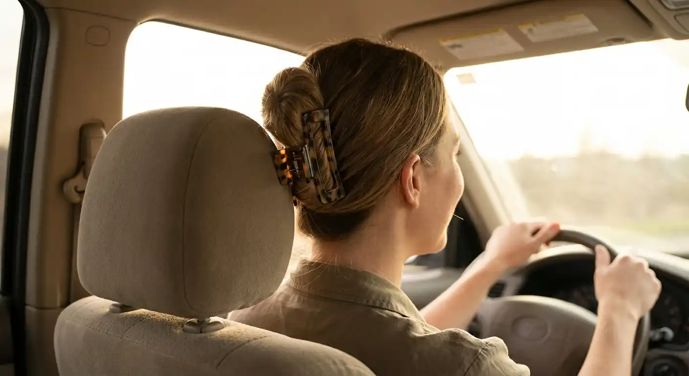 Woman comfortably wearing flat claw clip while driving