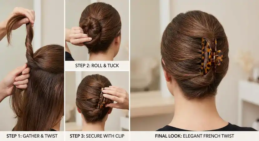 Elegant French twist hairstyle secured with tortoiseshell claw clip