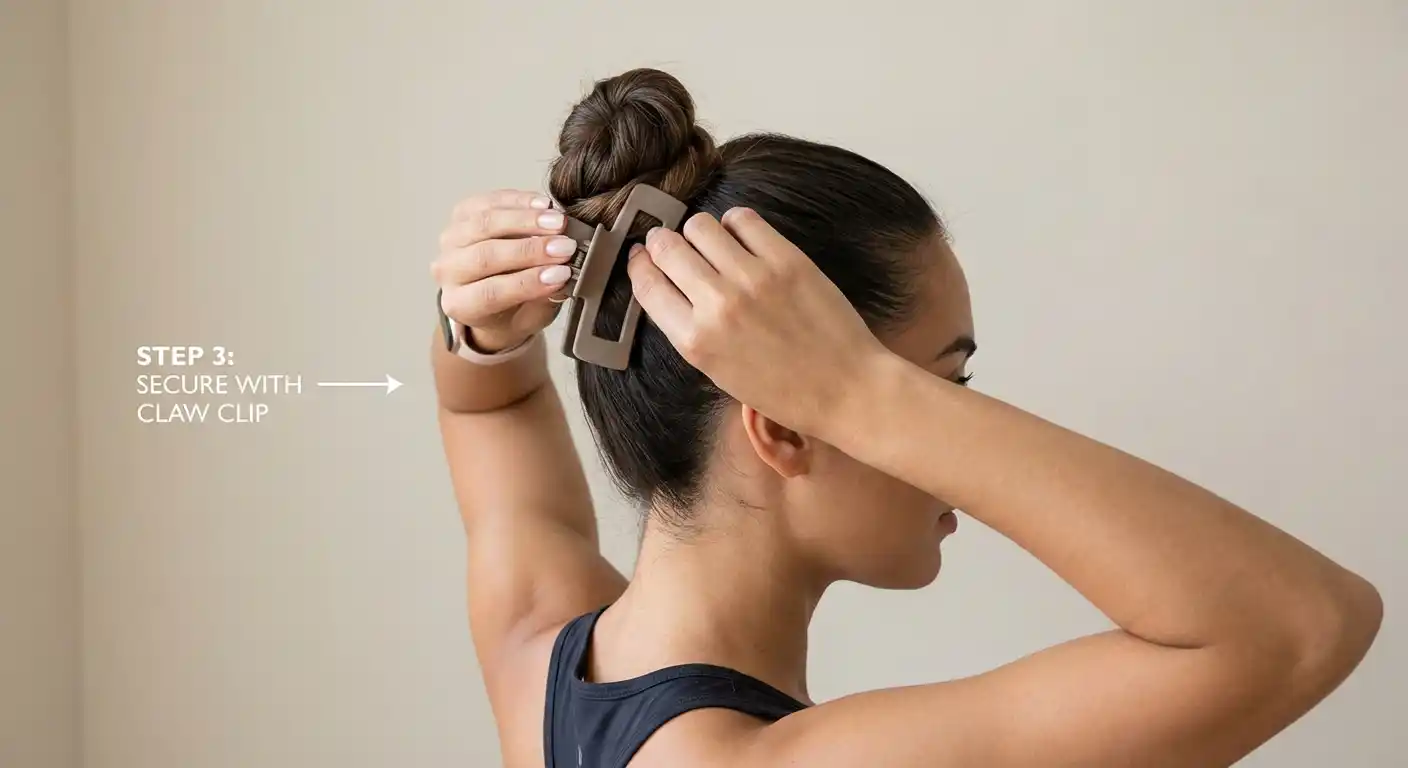 Step-by-step claw clip placement for gym workout hairstyle