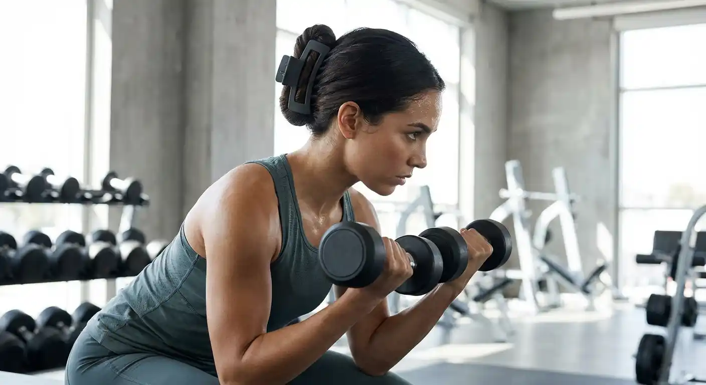 Woman with secure claw clip updo during strength training at the gym