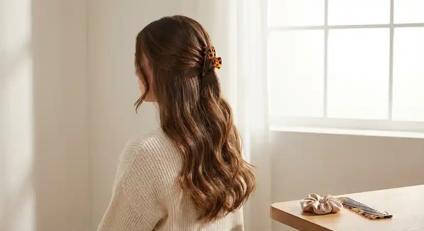 Healthy, shiny hair styled gently with a claw clip demonstrating proper hair protection