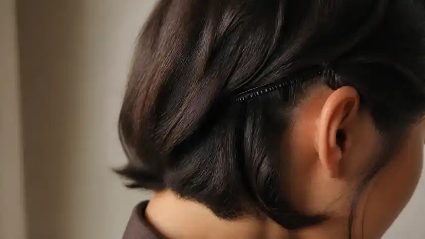 A slim black toothed headband gripping a chin-length dark bob just above the ear, the comb teeth visible where they bite into the short layer
