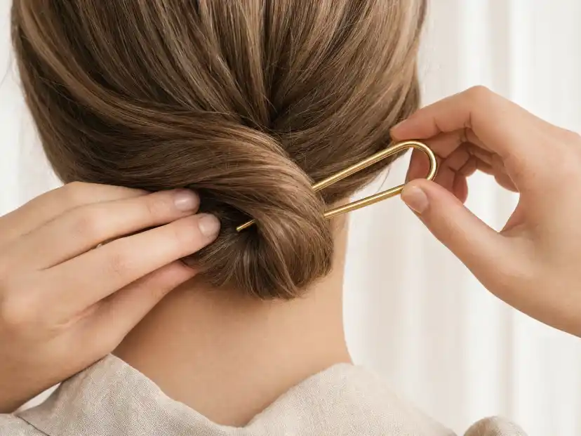 A gold U-shaped French hair pin held nearly flat against a low twist of light brown hair, one prong sliding into the roll mid-rotation while two fingers hold the twist steady