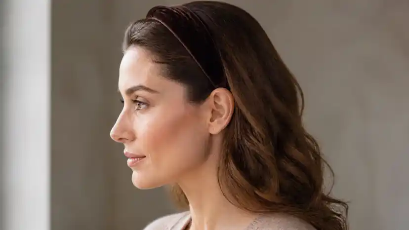 A velvet headband seated at the hairline in profile, with the end tucked neatly behind the ear