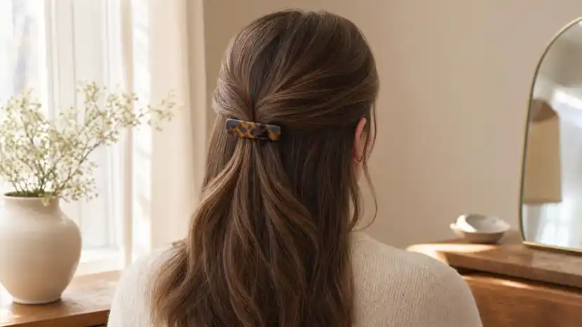 Back view of a neat half-up hairstyle secured with an elegant tortoiseshell barrette in soft natural light