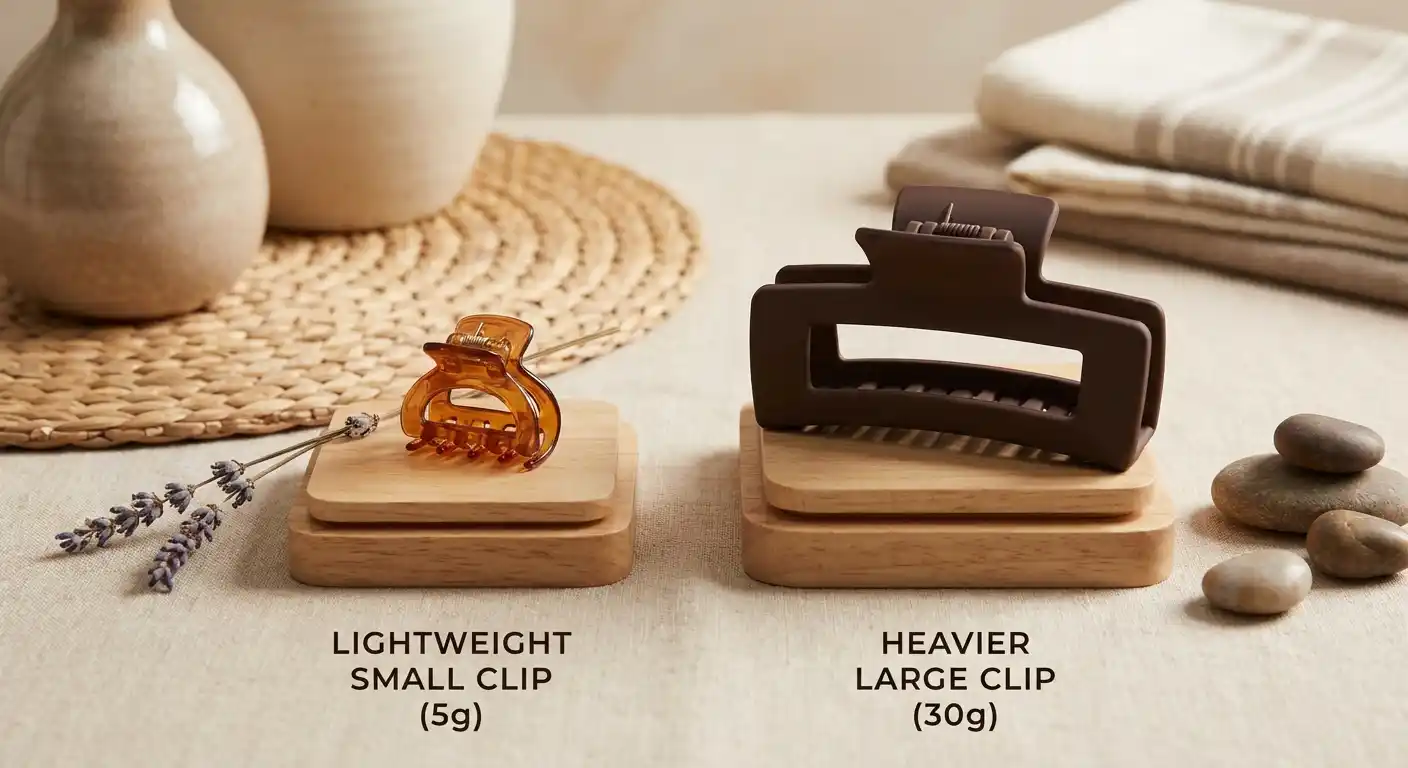 Comparison of lightweight and heavy claw clips side by side