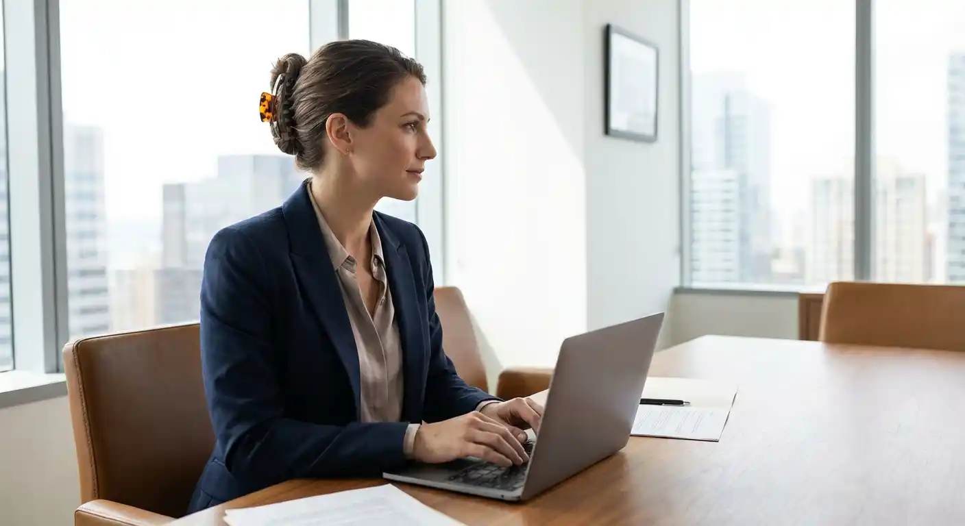 Elegant professional woman with claw clip updo in office setting