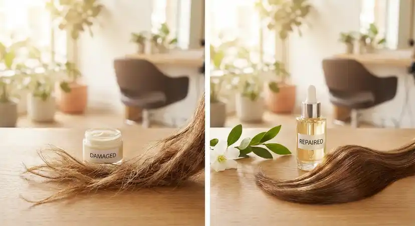 Healthy hair recovery journey showing damaged to repaired hair