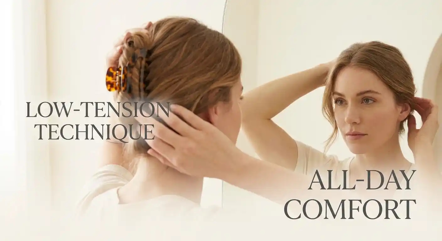 Woman adjusting claw clip to demonstrate low-tension hair styling technique