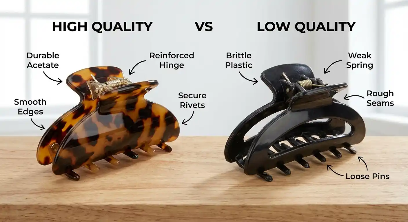 Comparison of high-quality and low-quality hair clips showing construction differences