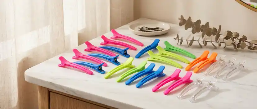 Professional sectioning clips arranged on a styling station
