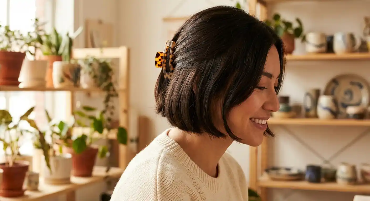 Woman with bob hairstyle wearing a stylish mini claw clip