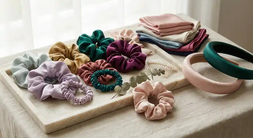 Silk scrunchies and satin hair accessories for gentle hair care