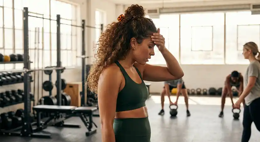 Woman with thick hair secured with large claw clip during gym workout