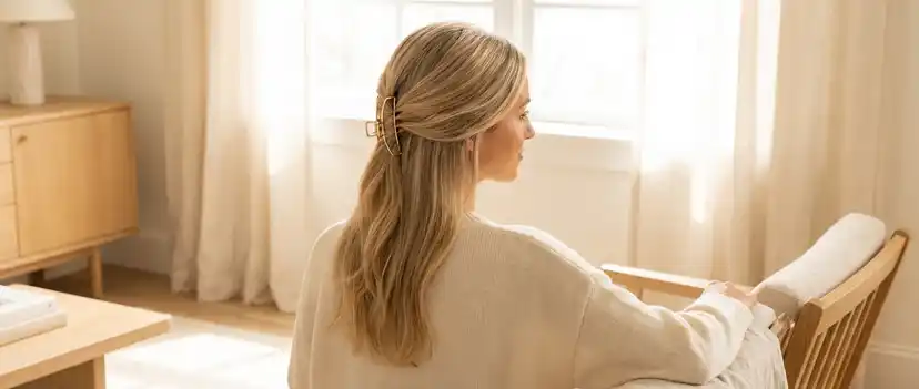 Stylish woman wearing a modern claw clip in thin hair