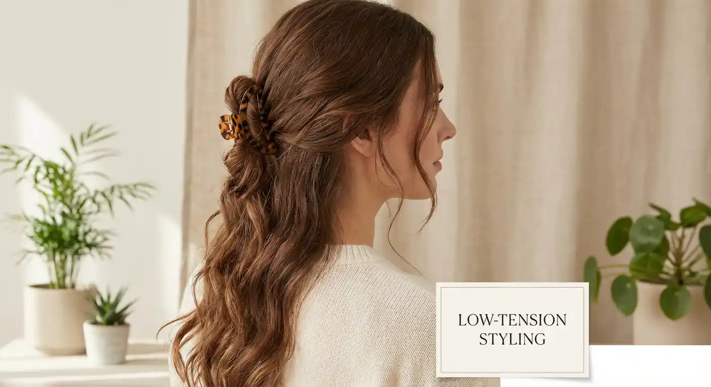 Gentle claw clip styling demonstrating low-tension hair protection