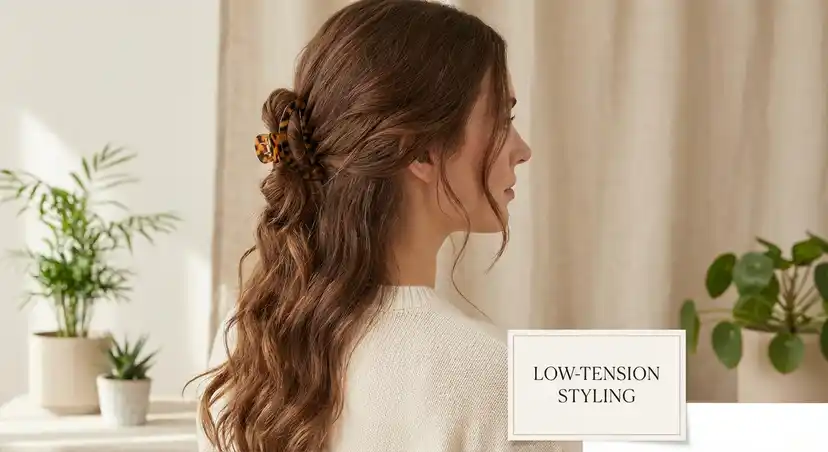 Gentle claw clip styling demonstrating low-tension hair protection