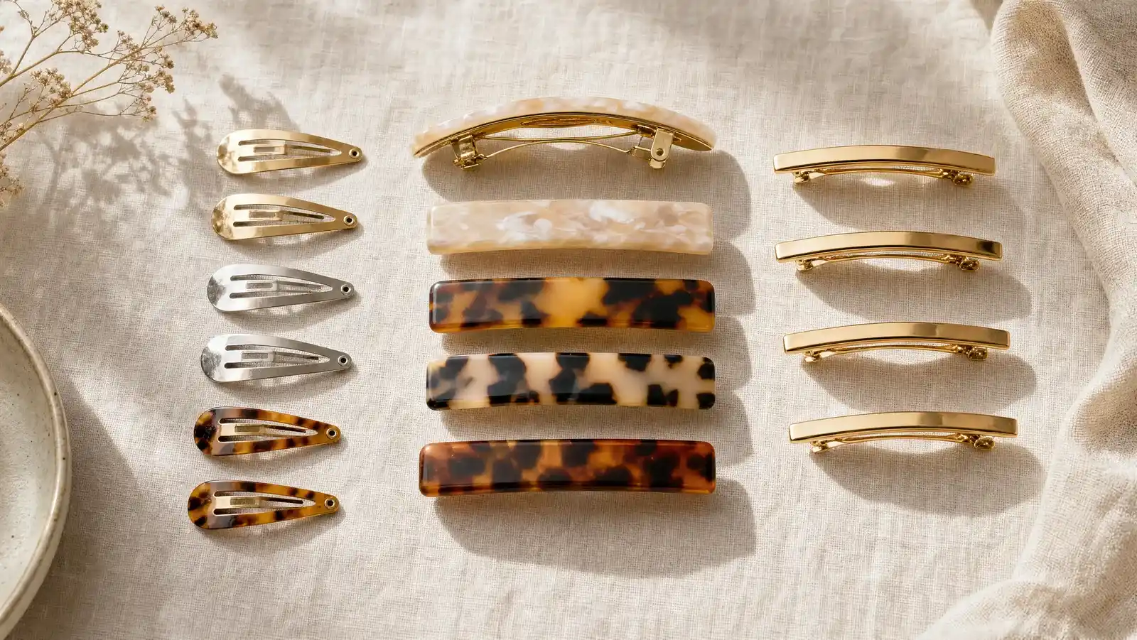 Seven types of barrettes arranged on linen, including a tortoiseshell French barrette with its tension-bar clasp open, small metal snap clips, an acetate rectangle, and a banana clip