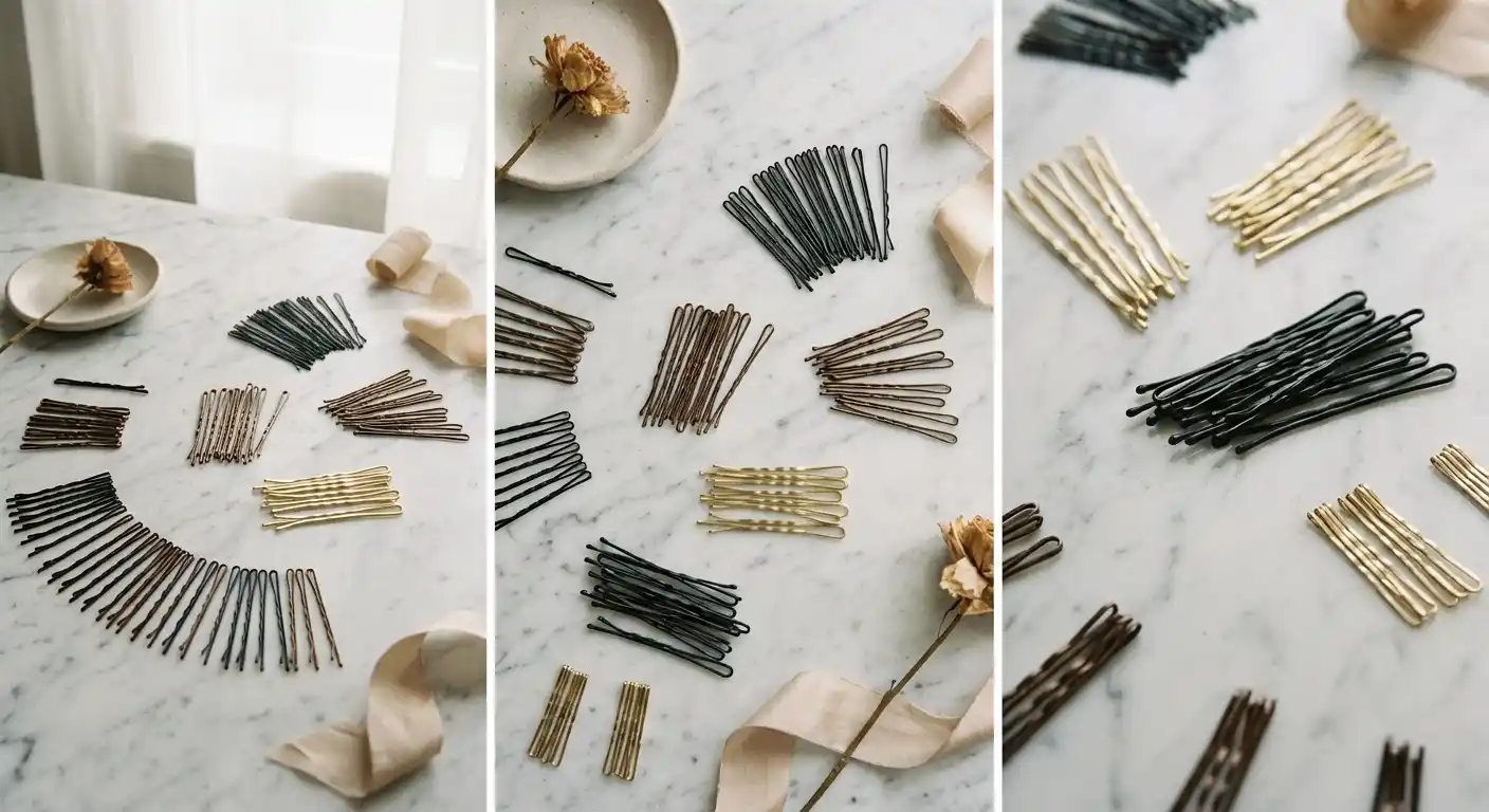 Collection of professional bobby pins in various sizes and finishes