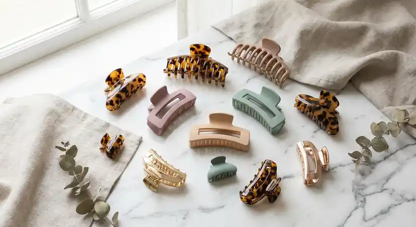 Collection of various claw clips in different sizes, materials, and colors arranged aesthetically