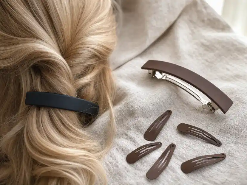 A matte black French flat barrette gripping a twisted section of fine blonde hair, with an open matte brown French barrette showing its metal spring clasp and a scatter of small brown snap clips on the linen beside it