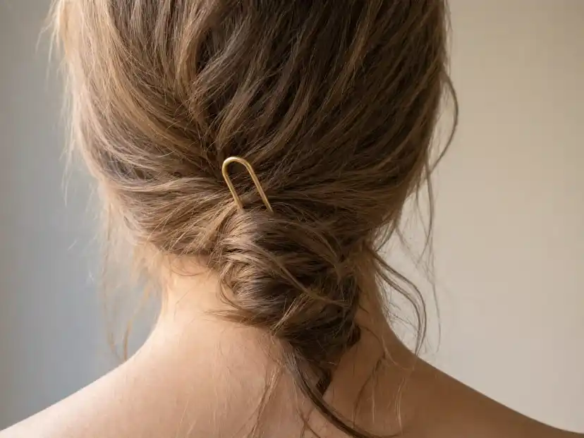A gold U-shaped French hair pin backed halfway out of a sagging low twist of light brown hair, one prong no longer buried in the twist and loose strands falling free at the nape