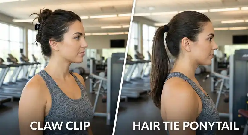 Split comparison of claw clip and hair tie for workout hairstyles